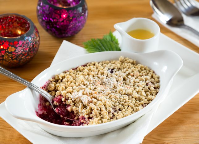 Summer fruit crumble at Traveller's Rest Grasmere